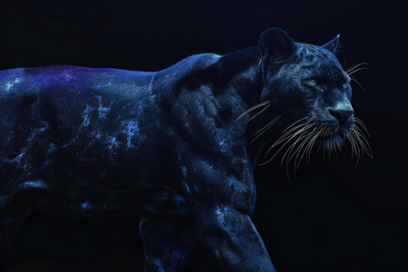 a big black panther isolated on black backgroundの素材