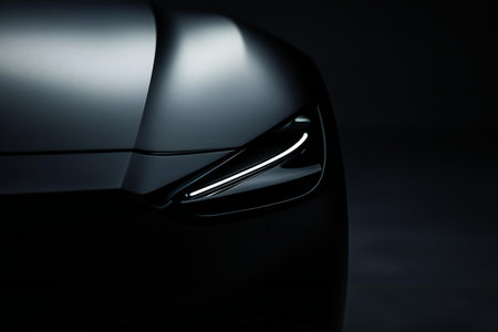 Close-up of a modern black sports car headlight in the darkの素材