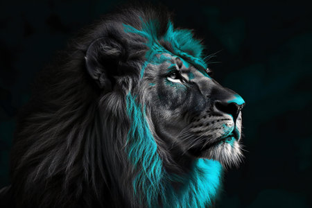 Portrait of a male lion with a turquoise coat.の素材