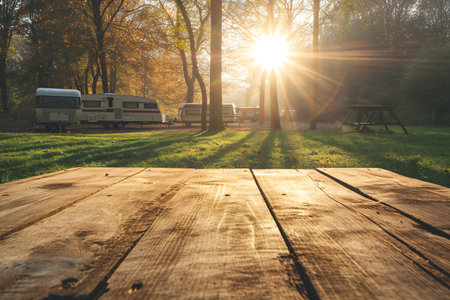 Wooden table and campervan in the park at sunset.の素材