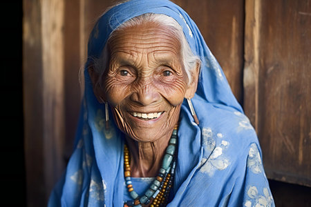 Old woman in traditional clothes smiling and looking at the camera on a wooden backgroundの素材