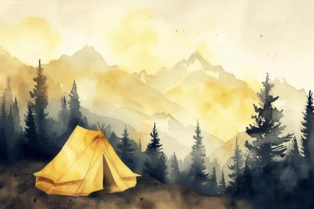 Watercolor illustration of a camping tent in the mountains. Camping conceptの素材
