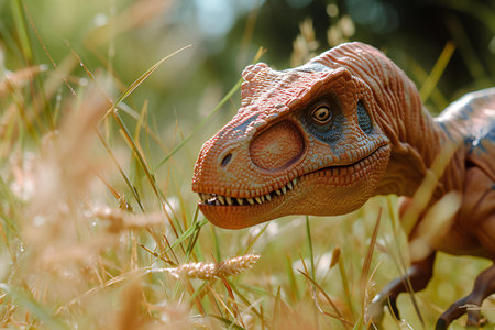 Dinosaur in the grass, close-up of a dinosaur.の素材