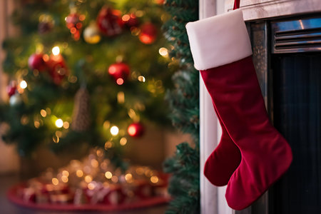 Christmas stocking on the background of a Christmas tree and a garlandの素材