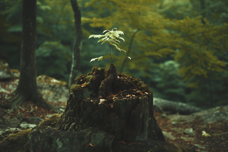 A small tree growing from a stump in the middle of a forestの素材