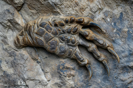 Fossil of a dragon on a rock, closeup of photoの素材