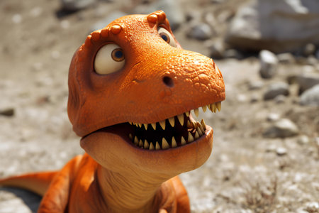 Funny plastic dinosaur toy with big teeth and orange eyes, close upの素材