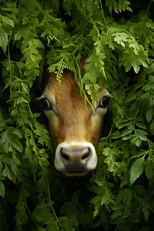 Cow in the green foliage. Conceptual image of agriculture and farming.の素材
