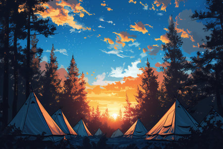 Tent camp in the forest at sunset.の素材