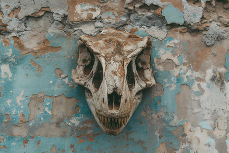 Skull of an old animal on the wall of an abandoned buildingの素材