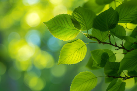 green leaves background in sunny day with bokeh and sun rayの素材