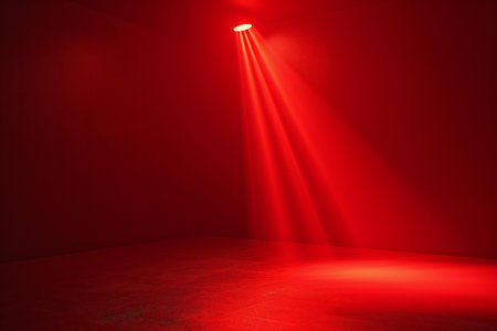 Red stage with spotlights in empty room,の素材