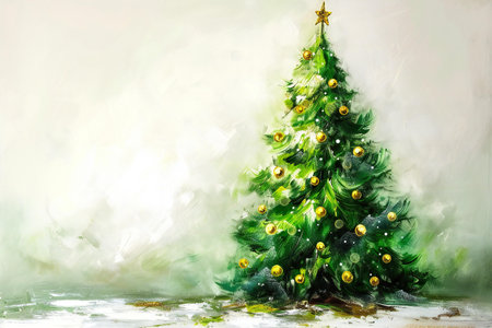 Christmas tree with golden baubles on a white background. Watercolor painting.の素材