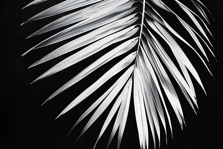 Palm leaf on a black background. Black and white photo.の素材