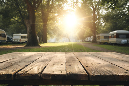 Empty table for Your photomontage or product display in campingの素材