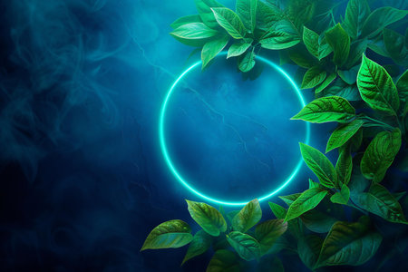Abstract nature background with green leaves and circle frame.の素材