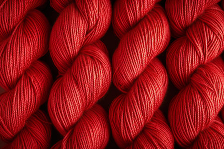 Red skeins of yarn for knitting as a background texture close upの素材