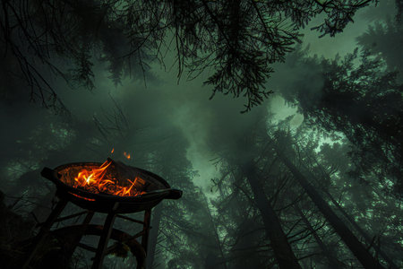 Bonfire in the middle of the forest with smoke and fog.の素材