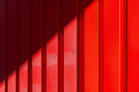 Red wooden wall with shadow and sunlight. Abstract background for design.の素材