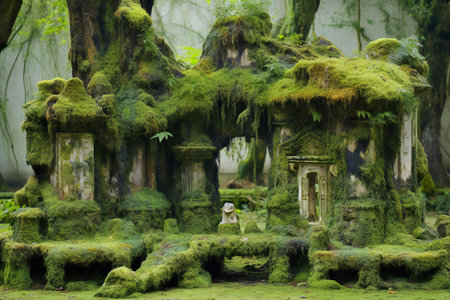 Huge green moss on the walls of the old Japanese temple.の素材