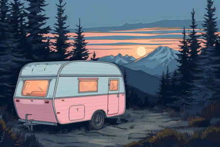 Vintage camper van in the mountains at sunset.の素材