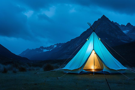 Camping in the mountains at dusk. Beautiful mountain landscape with blue tentの素材