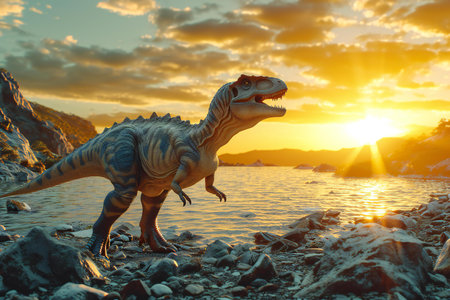 Dinosaur on the beach at sunset,の素材