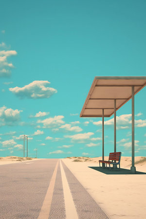 Empty bus stop in the desert with blue sky.の素材