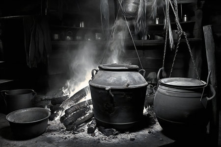 old pot on the fire in the village, black and white photoの素材