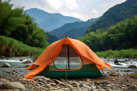 Camping tent on the river bank in the mountains. Camping on the mountain river.の素材