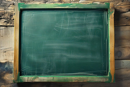 Green chalkboard on old wooden background. Top view with copy spaceの素材