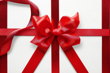 Gift box with red ribbon and bow on white background, top viewの素材