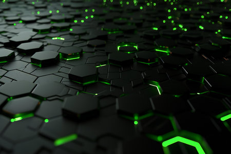 Abstract of black hexagonal background with green glowing lightsの素材