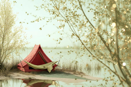 Camping on the bank of the lake in the early morning.の素材