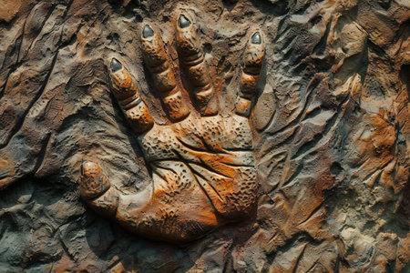 Hand print on the rock. Close-up of human palm.の素材