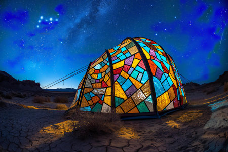Night starry sky in the desert with colorful stained glass tent.の素材