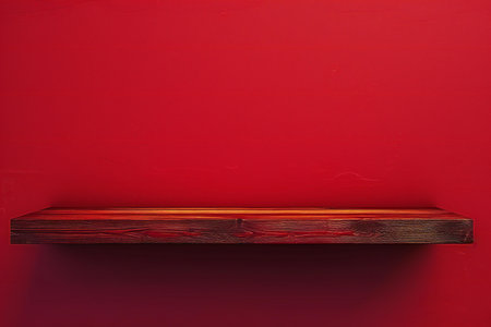 Wooden shelf on red wall background with copy space for your textの素材