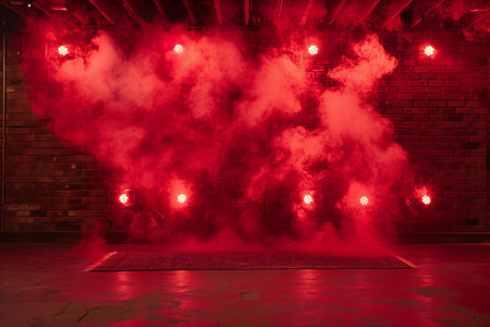 Red smoke in a dark room with red brick wall and floor.の素材