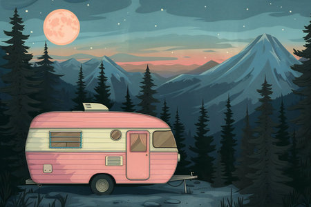 Illustration of a camper van in the mountains at night.の素材