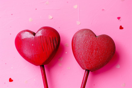 Valentine's day background with two red hearts on pink backgroundの素材