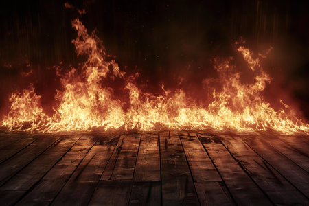 Burning wood floor with fire and smoke in dark room background.の素材