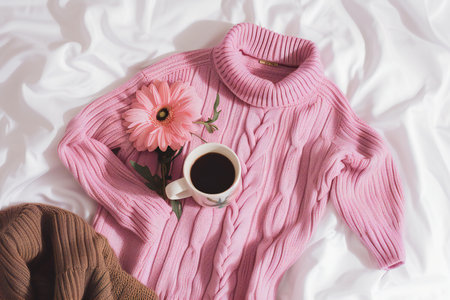 Pink knitted sweater with a cup of coffee on the bed.の素材