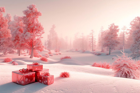 Winter landscape with red gift boxes in the forest.の素材