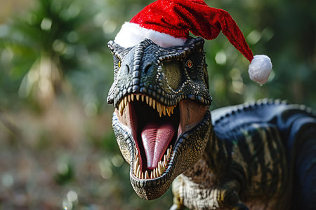 dinosaur with santa claus hat, closeup of photoの素材
