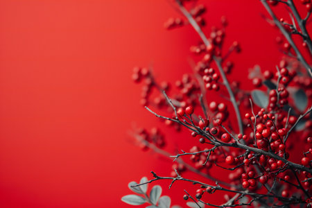 Beautiful branch with red berries on red background. Copy space.の素材