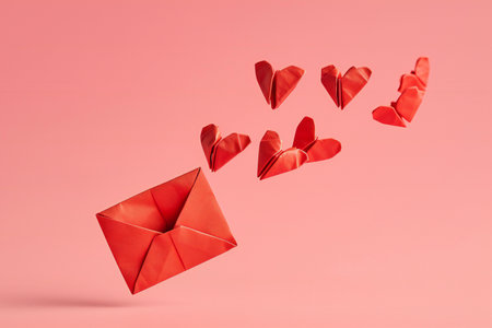 Red envelope with flying paper hearts on pink background. Valentine's day concept.の素材