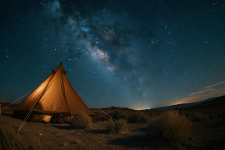 Tourist tent under the starry sky at night in the desertの素材