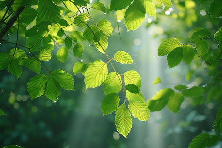 green leaves background in sunny day with sunbeams and lens flareの素材