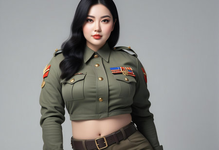 Beautiful asian woman in military uniform, isolated on grey backgroundの素材
