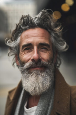 Portrait of a handsome senior man with gray beard and mustache in the cityの素材